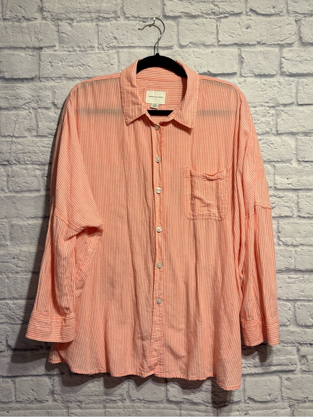 American Eagle Outfitters Peach-Striped Casual Button-Down Shirt Small